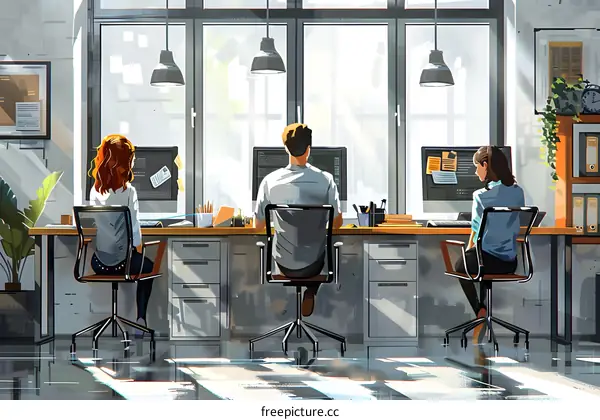 Illustration of a business office scene in an illustration style