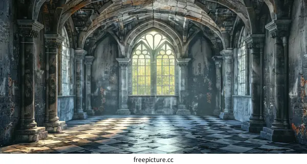 Abandoned Gothic Church Interior: Light and Shadow