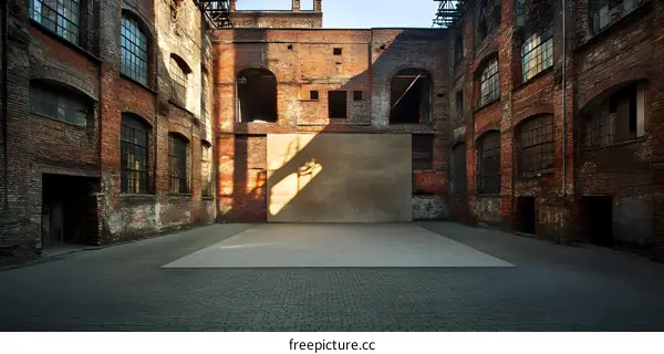 Old Brick Factory Building Courtyard With Large Concrete Wall