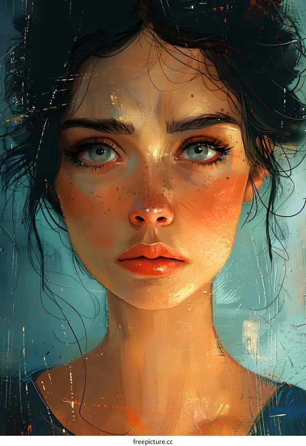 Portrait of a young woman with freckles and blue eyes