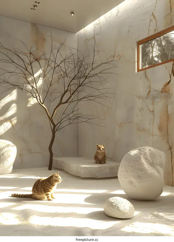 Minimalist Interior Design with Two Cats and a Bare Tree