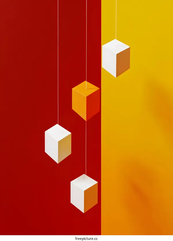 Abstract Colorful Cubes Hanging On A String Against A Red And Yellow Background