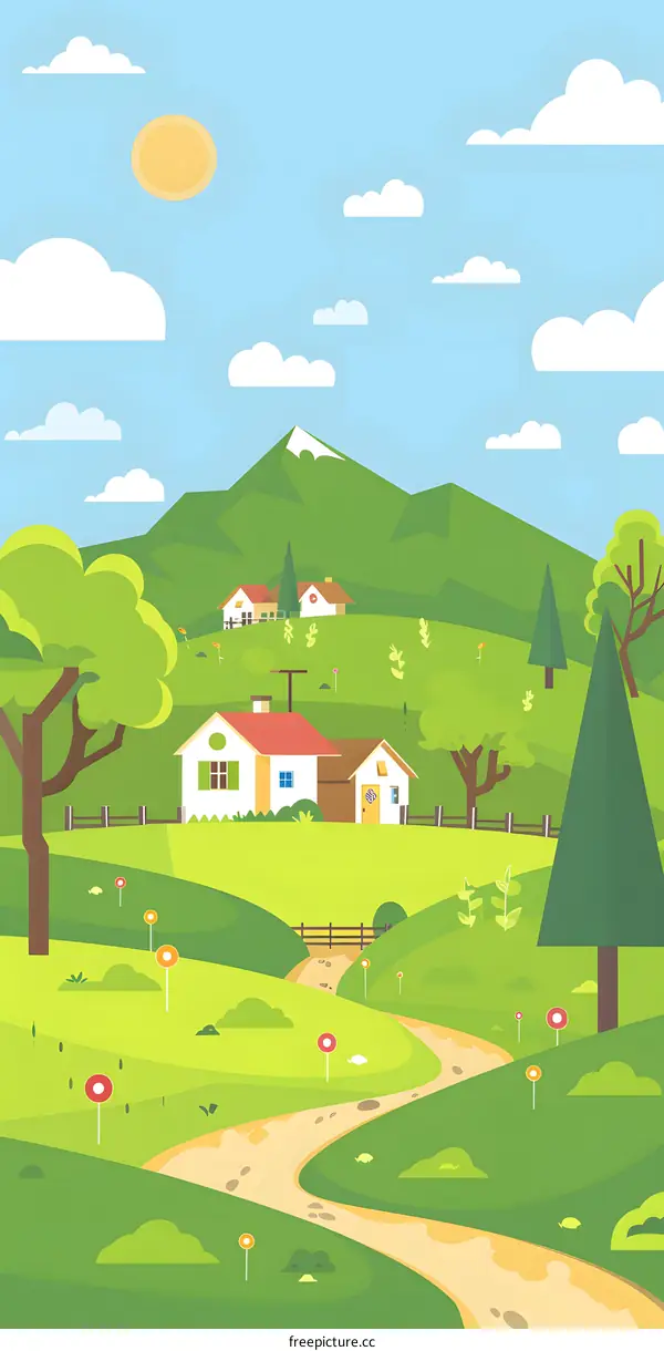 Illustration of a Countryside Village with Winding Road