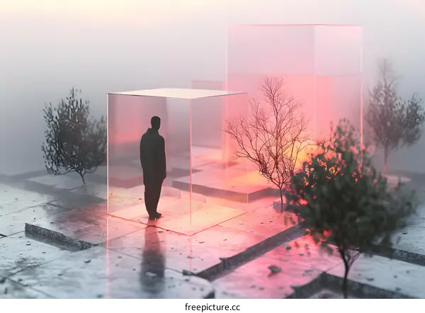 A man standing in a glass box looking at a tree inside another glass box