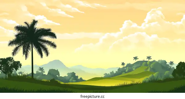 Tropical Landscape Illustration with Green Hills and Palm Trees