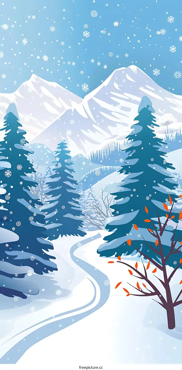 Snowy Mountain Landscape With Pine Trees