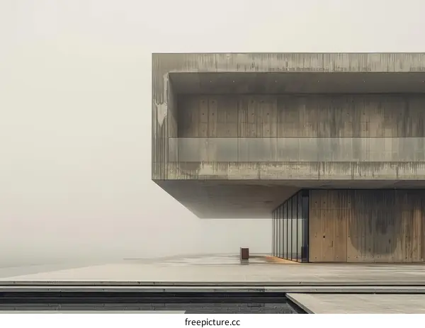 Balcony of a Modern Concrete Building with Large Glass Windows Overlooking a Foggy Cityscape