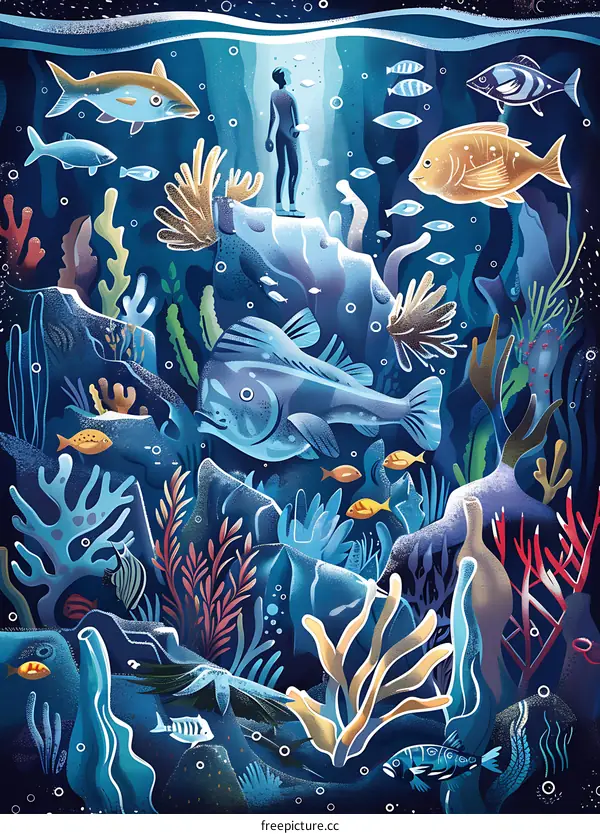 Underwater World Illustration With Man Looking Upwards