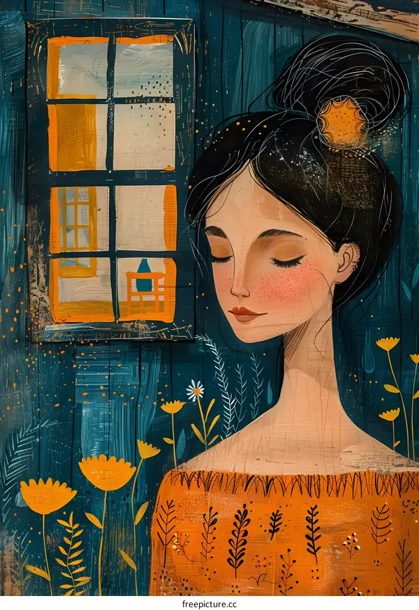 Woman With Freckles in an Orange Blouse and Blue Background