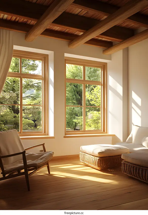 Sunlight Streaming Through Windows in a Cozy Living Room with Wooden Beams