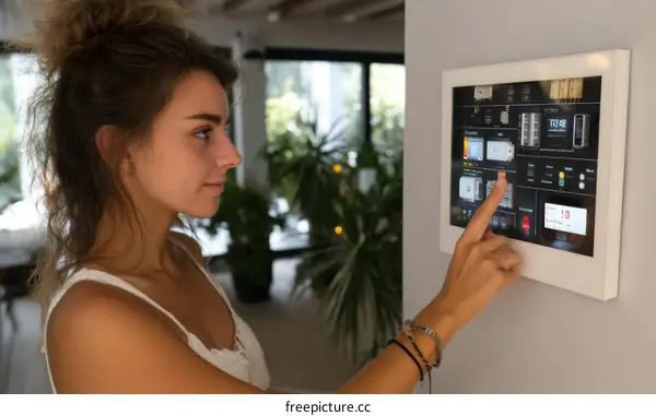 Woman interacts with smart home control panel