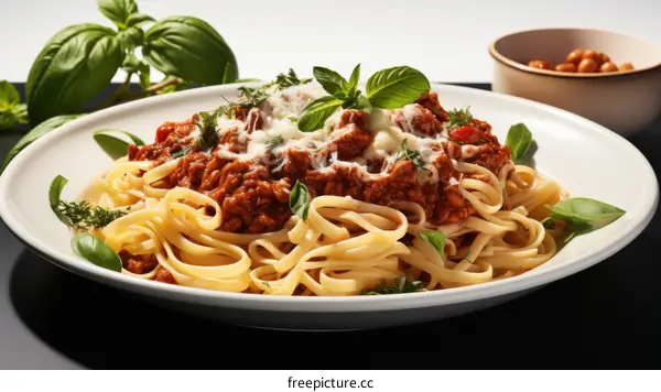 Delicious plate of pasta with tomato sauce and basil