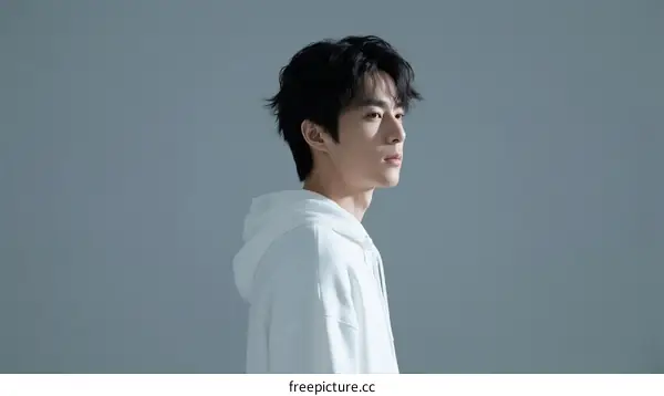 A Young Man in White Hoodie Posing Against Gray Background