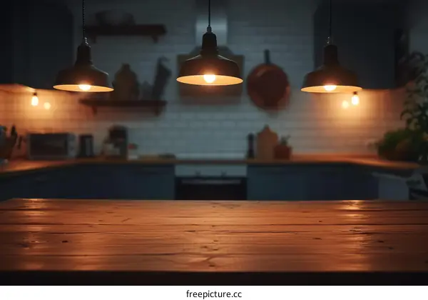 Rustic wooden table with blurred background of kitchen interior with hanging lights