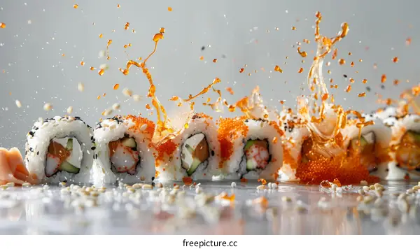 Sushi with flying fish eggs and soy sauce