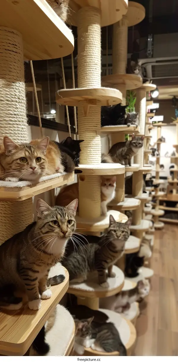 A group of cats sitting on a cat tree