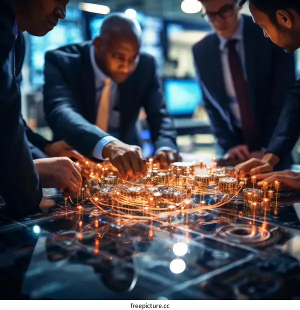 Businessmen discussing strategy around a futuristic table