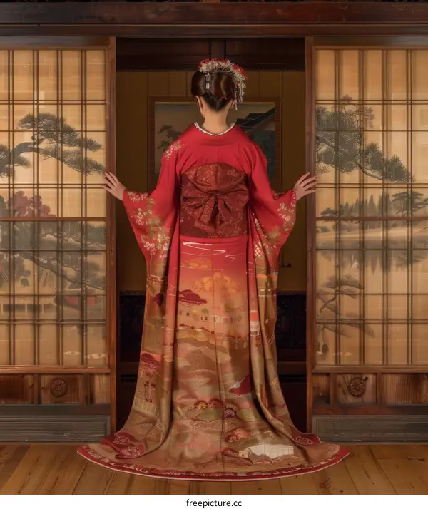 Japanese woman wearing a red kimono with traditional patterns standing in front of a fusuma door