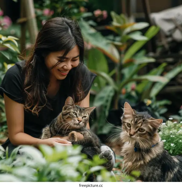 A young woman is sitting on the ground in a garden with two cats.