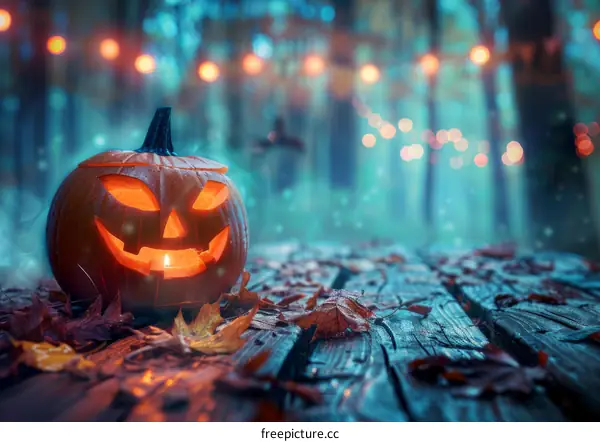 Spooky Halloween Pumpkin in a Dark Forest
