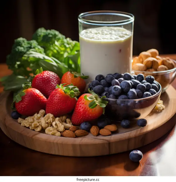 A wooden plate full of healthy food including strawberries, blueberries, almonds, walnuts, broccoli, and a glass of milk
