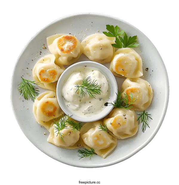 [Transparent Background PNG]dumplings with sour cream and dill on a white plate
