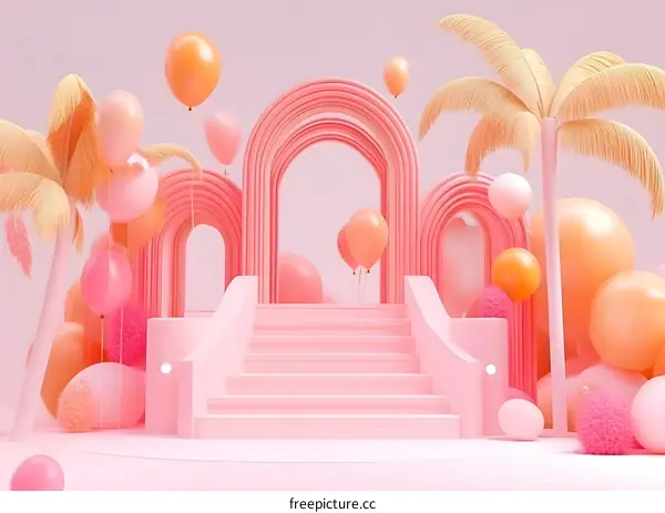 Pink Archway with Palm Trees and Balloons 3D Illustration