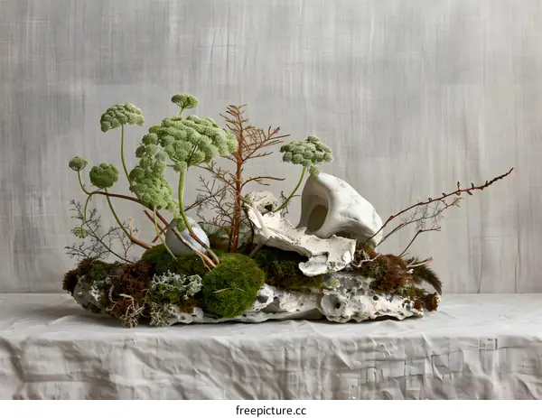 Green Plants and Stone Sculpture on a Fabric Background
