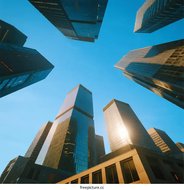 Looking up at modern skyscrapers under clear blue sky