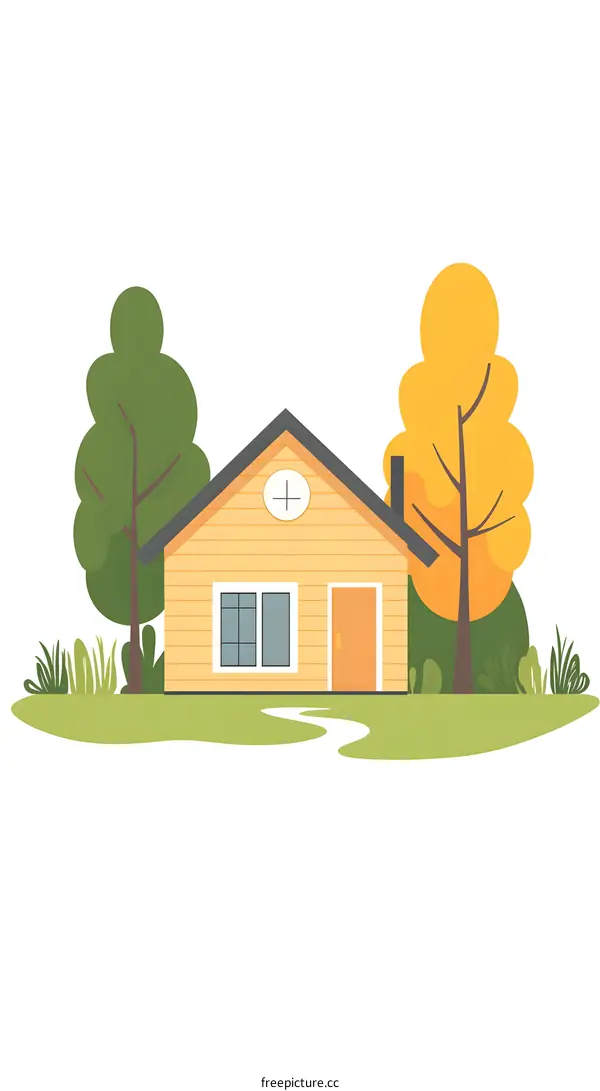 Cute Cartoon Illustration Of A Small Yellow House With Trees
