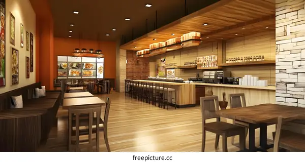Modern Restaurant Interior Design with Wooden Furniture and Bar