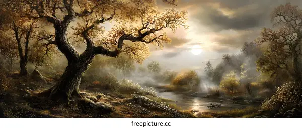 Golden Morning Mist with Oak Trees