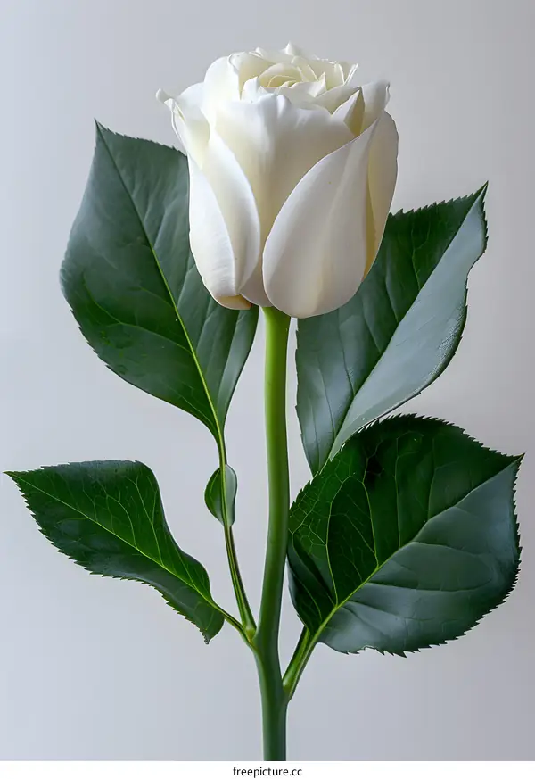 Single White Rose with Green Leaves on a White Background