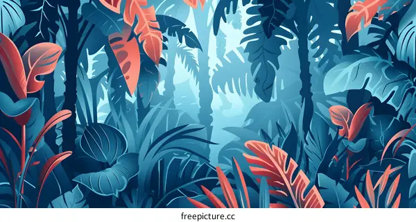 Tropical Jungle Illustration Blue and Red