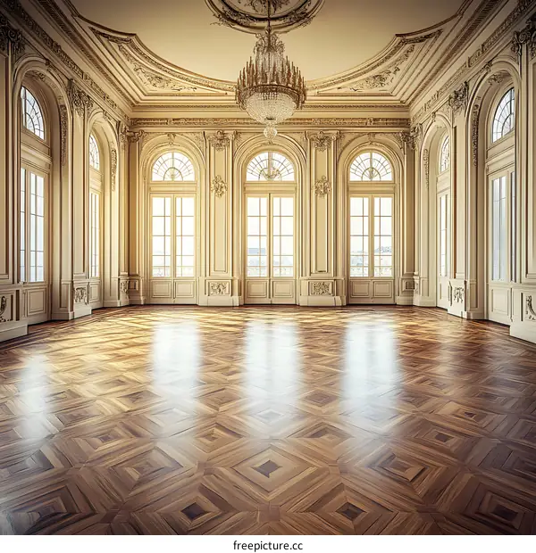Empty Ballroom with Large Windows and a Chandelier