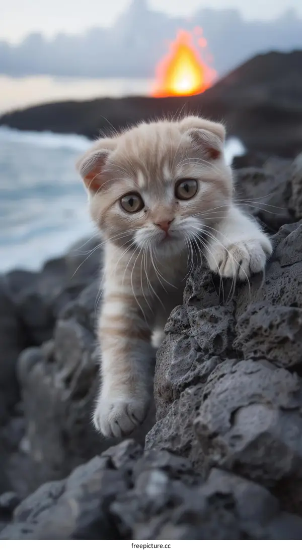 Kitten on the Rocks with Lava in the Distance