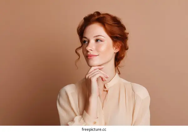 Thoughtful Woman with Red Hair in Beige Blouse