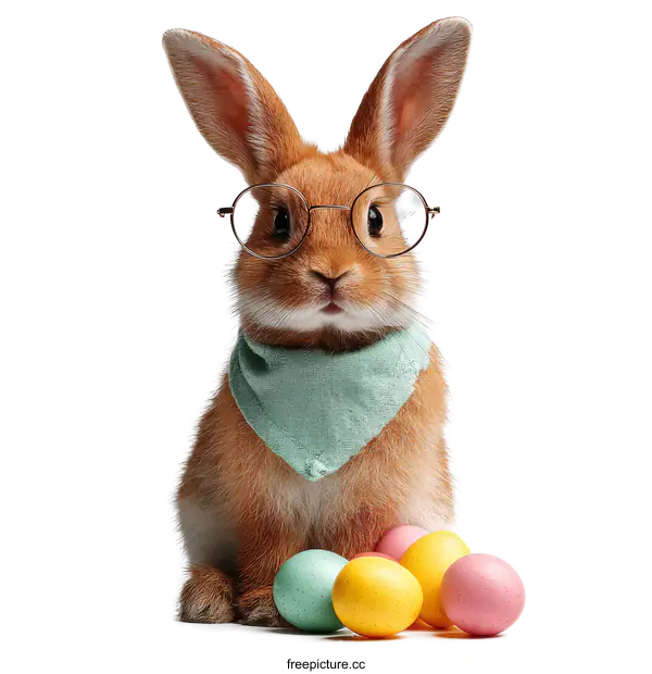 [Transparent Background PNG]Adorable Easter Bunny with Glasses and Eggs