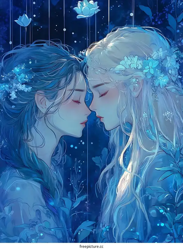 Two Women Embrace in a Mystical Blue Wonderland