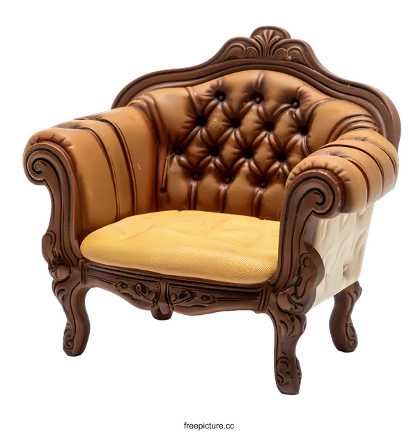 [Transparent Background PNG]Brown Leather Armchair Isolated on White Background