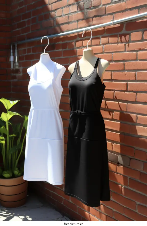 Two sleeveless dresses hanging on a clothesline against a brick wall