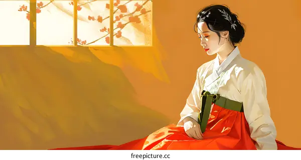 A beautiful Korean woman in traditional dress sits in a room with a yellow background and cherry blossom trees outside the window