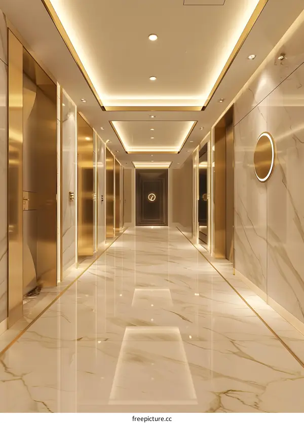 Modern Hotel Corridor Interior Design with Gold Trim and Marble Flooring