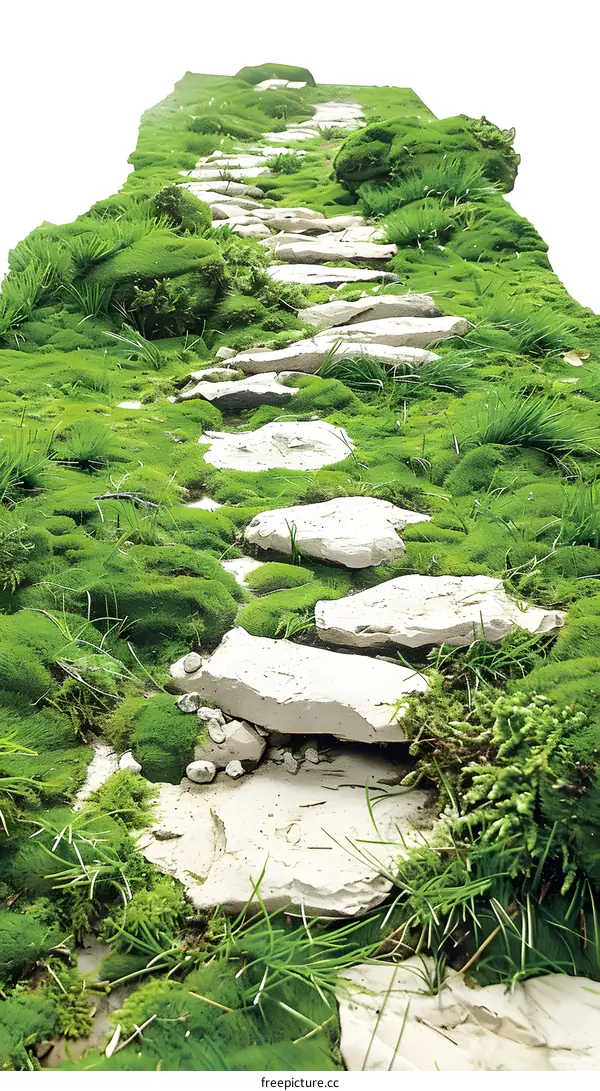 Stone Path Through Green Grass and Moss