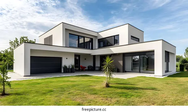 Modern White House with Black Garage Doors and Green Grass
