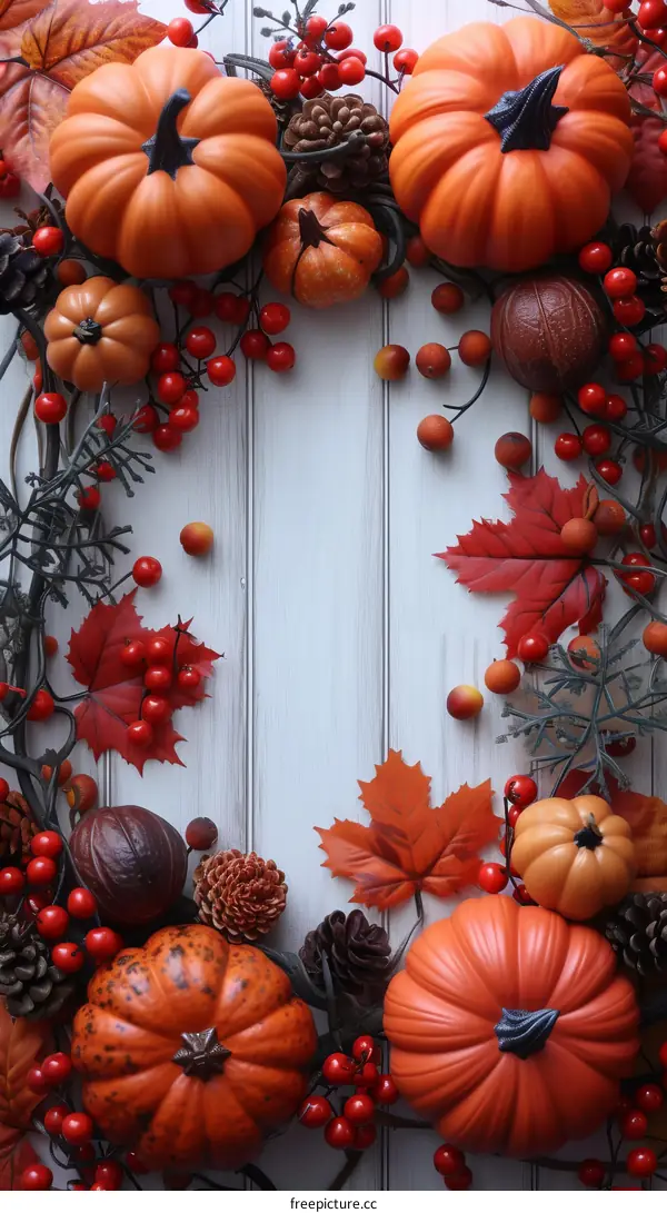 A beautiful still life of pumpkins, gourds, and fall leaves.