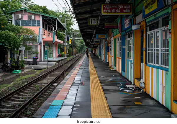 A colorful train station with a long platform and a green roof in Thailand.