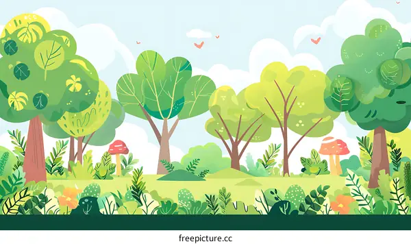 Green Forest Illustration With Cartoon Style Trees