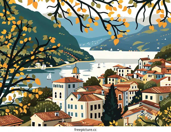 Autumn Village Landscape With Mountains and Sea