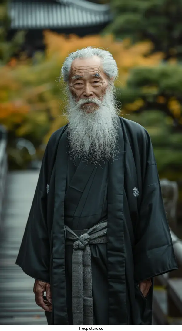 Portrait of an old man with a long white beard wearing a black kimono